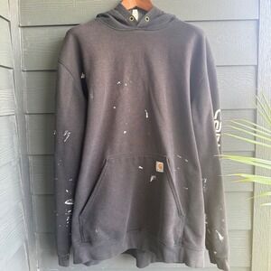 Distressed Carhartt Hoodie 2XL Tall Black Paint Splatter Workwear Sweatshirt‎